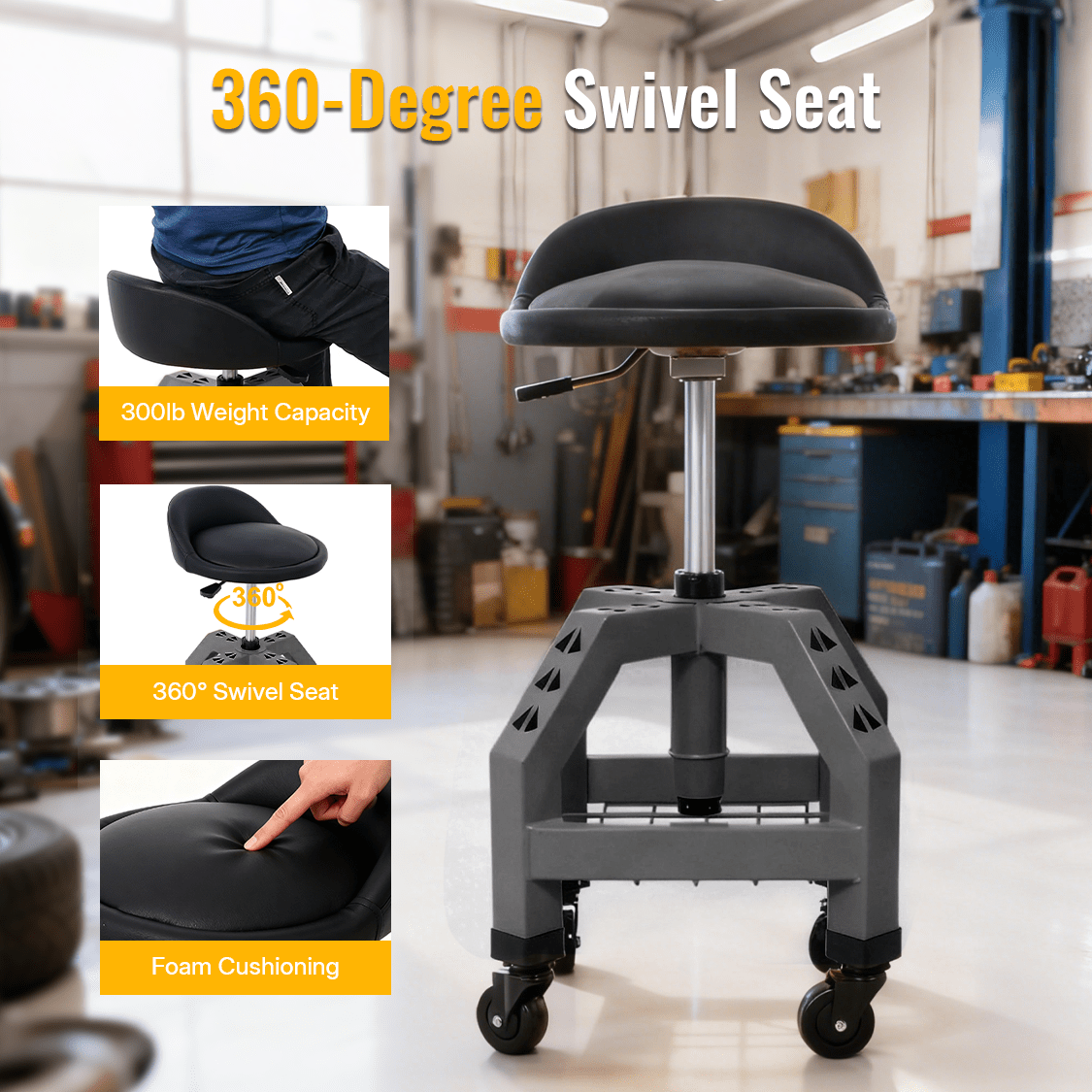 Pneumatic 360 Degree Swivel Stool Mechanics Rolling Creeper Seat Heavy Duty with Casters 300 Lbs Capacity - Gray - Fab Heavy Parts