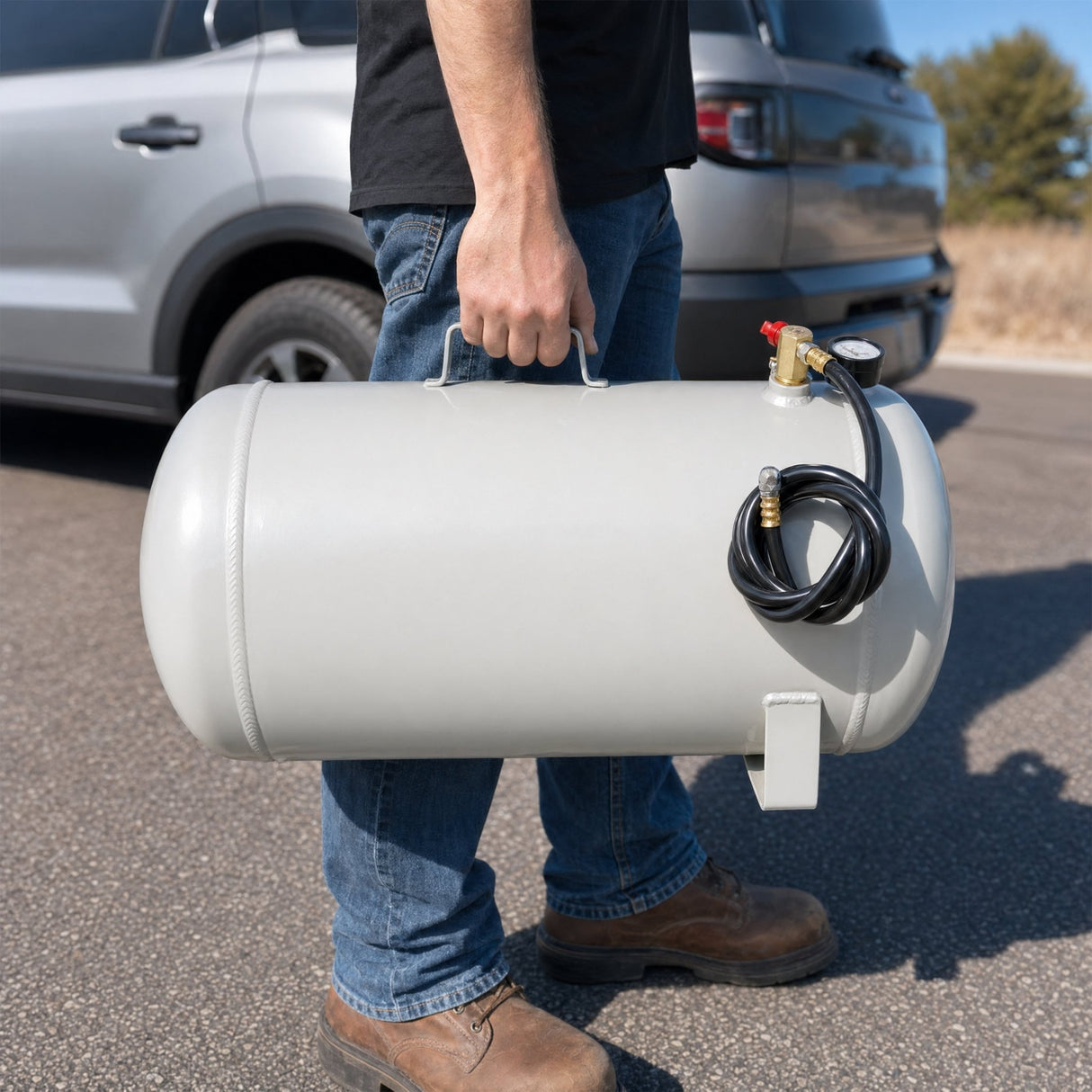 Portable 11 Gallon Aluminum Air Tank Lightweight Durable Air Compressor Tank with Pressure Gauge Safety Valve and 47 Inch Hose - Fab Heavy Parts