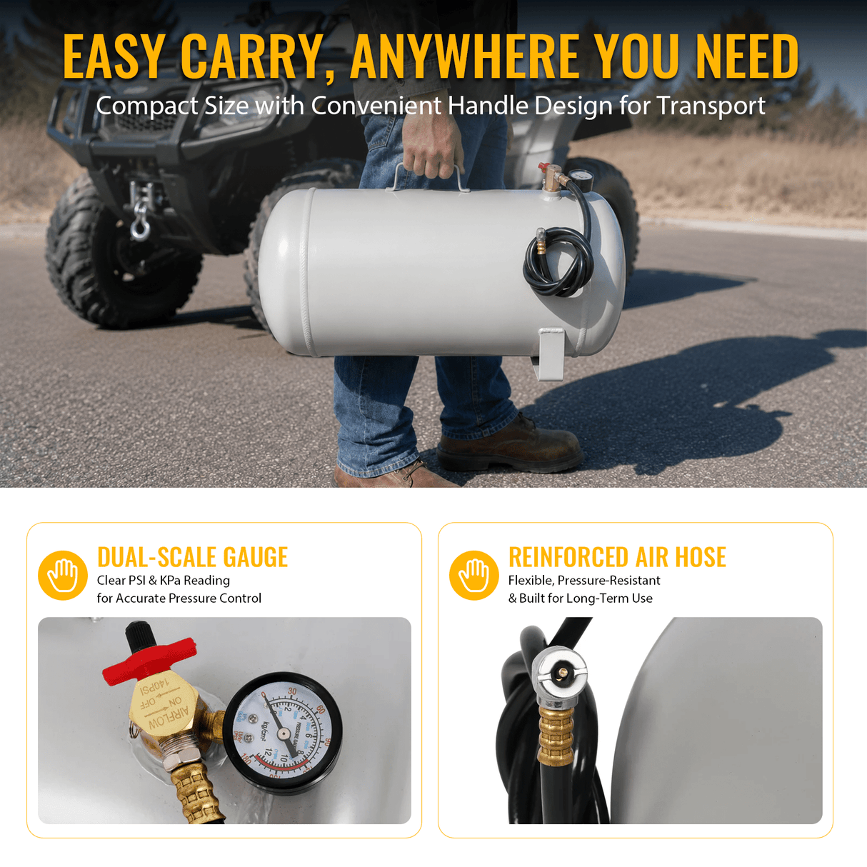 Portable 11 Gallon Aluminum Air Tank Lightweight Durable Air Compressor Tank with Pressure Gauge Safety Valve and 47 Inch Hose - Fab Heavy Parts