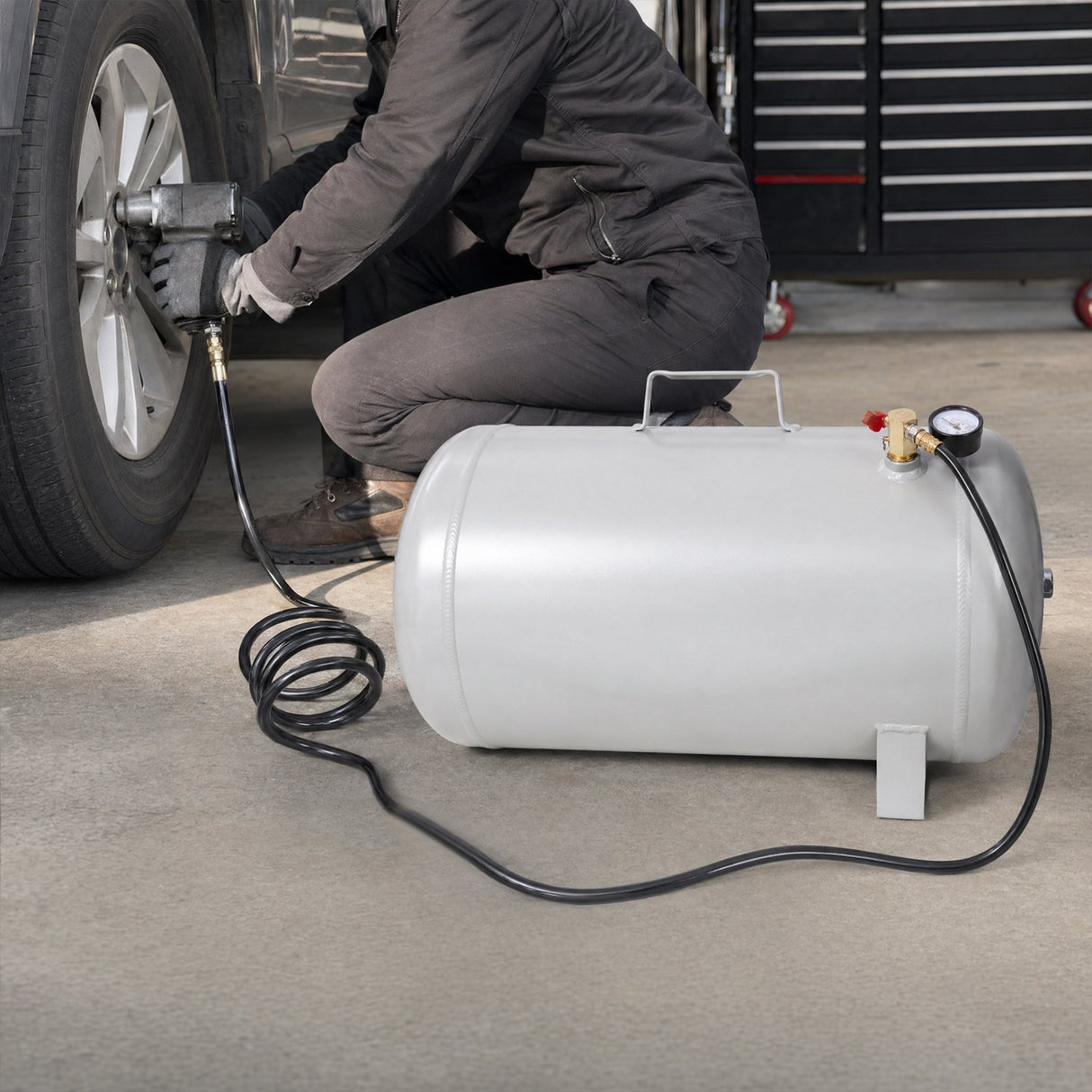 Portable 11 Gallon Aluminum Air Tank Lightweight Durable Air Compressor Tank with Pressure Gauge Safety Valve and 47 Inch Hose - Fab Heavy Parts