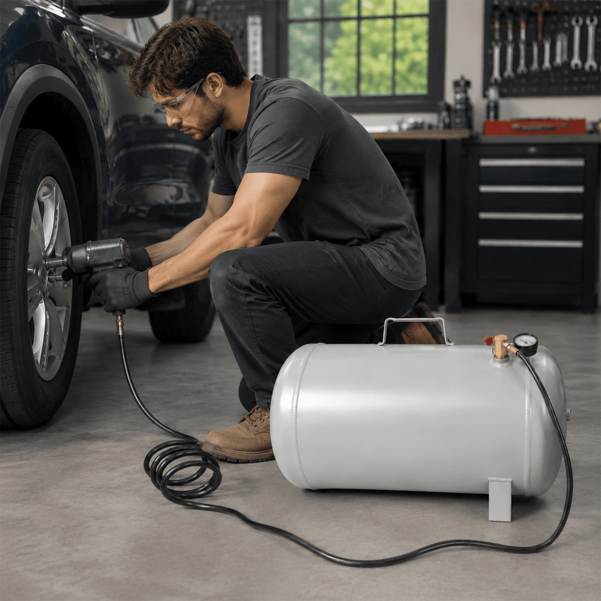 Portable 11 Gallon Aluminum Air Tank Lightweight Durable Air Compressor Tank with Pressure Gauge Safety Valve and 47 Inch Hose - Fab Heavy Parts