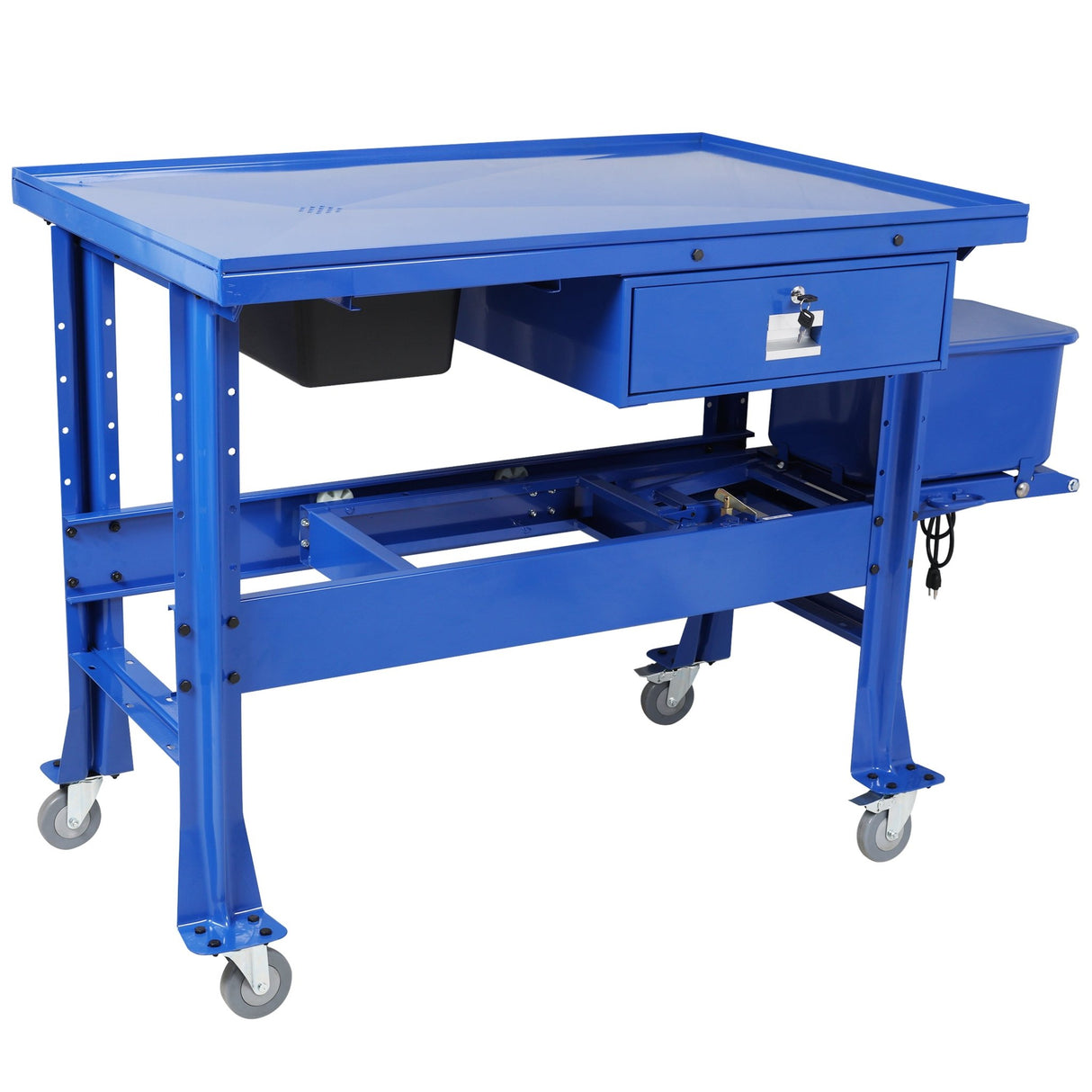 Premium Mobile Tear Down Table with 3.5 Gallon Part Washer and 110V Pump in Blue Steel with Drawer and Drain Tray - Fab Heavy Parts