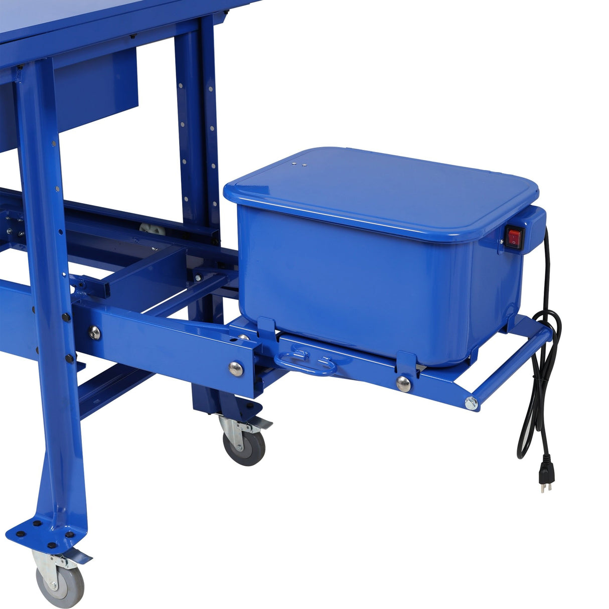 Premium Mobile Tear Down Table with 3.5 Gallon Part Washer and 110V Pump in Blue Steel with Drawer and Drain Tray - Fab Heavy Parts