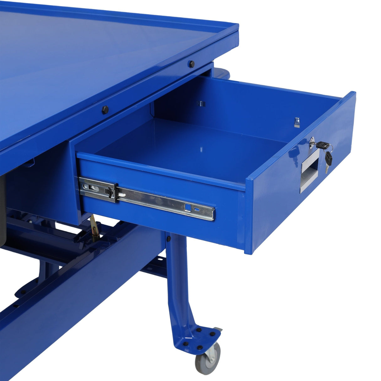 Premium Mobile Tear Down Table with 3.5 Gallon Part Washer and 110V Pump in Blue Steel with Drawer and Drain Tray - Fab Heavy Parts