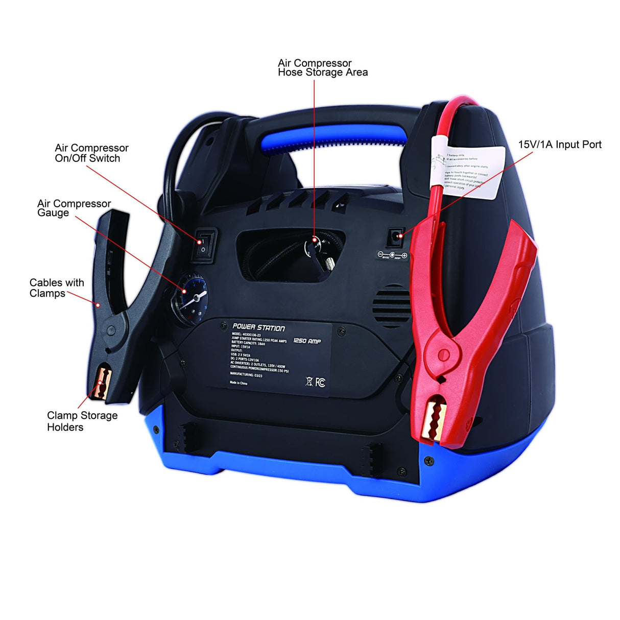 Rechargeable Jump Starter 1800 Amps with Air Compressor 12V DC USB Power Station - Fab Heavy Parts