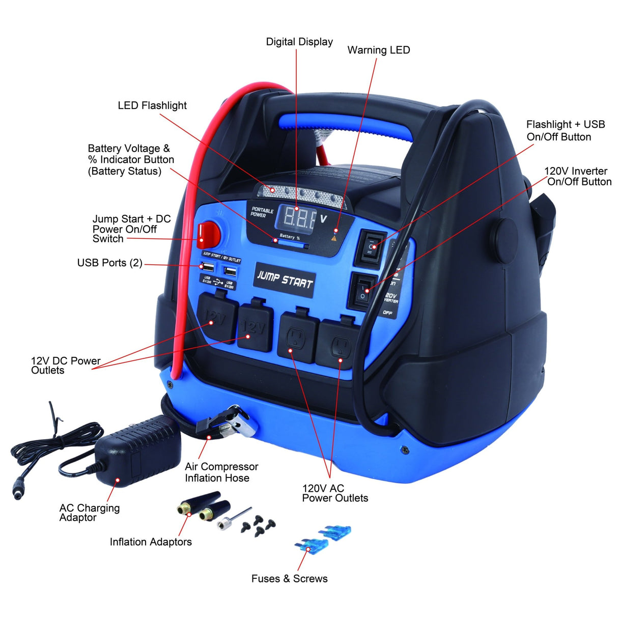 Rechargeable Jump Starter 1800 Amps with Air Compressor 12V DC USB Power Station - Fab Heavy Parts