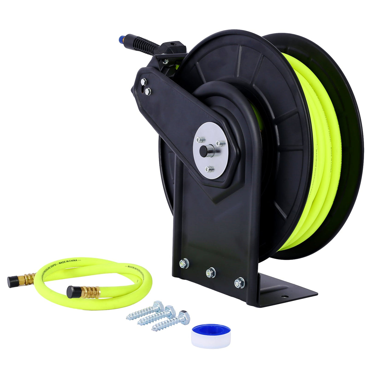 Retractable Air Hose Reel With 3/8" Inch x 50' Ft Heavy Duty Steel Auto Rewind Pneumatic Industrial Grade Rubber 300 PSI - Black - Fab Heavy Parts