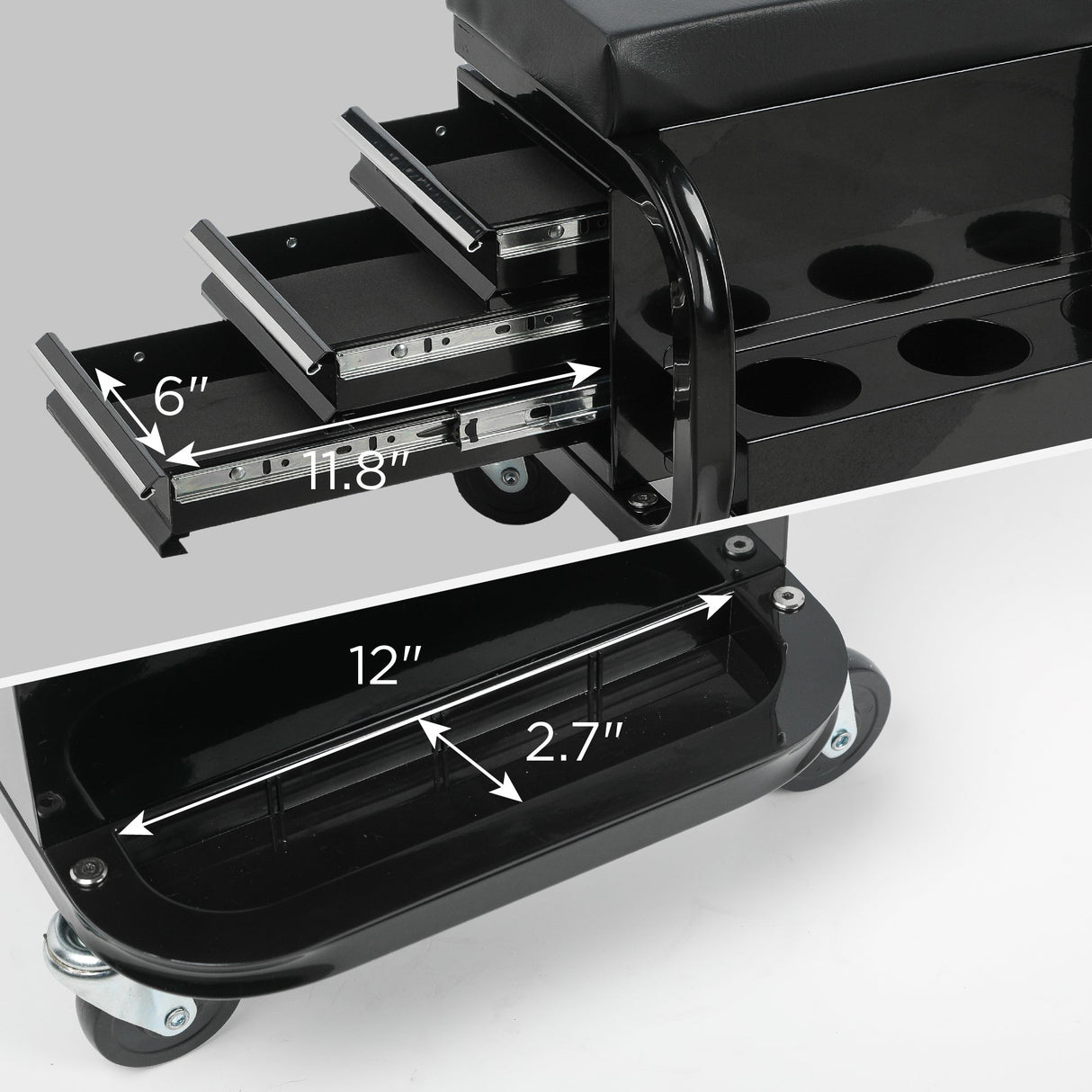 Rolling Creeper Garage Seat with 3 Built - in Drawers - Black - Fab Heavy Parts