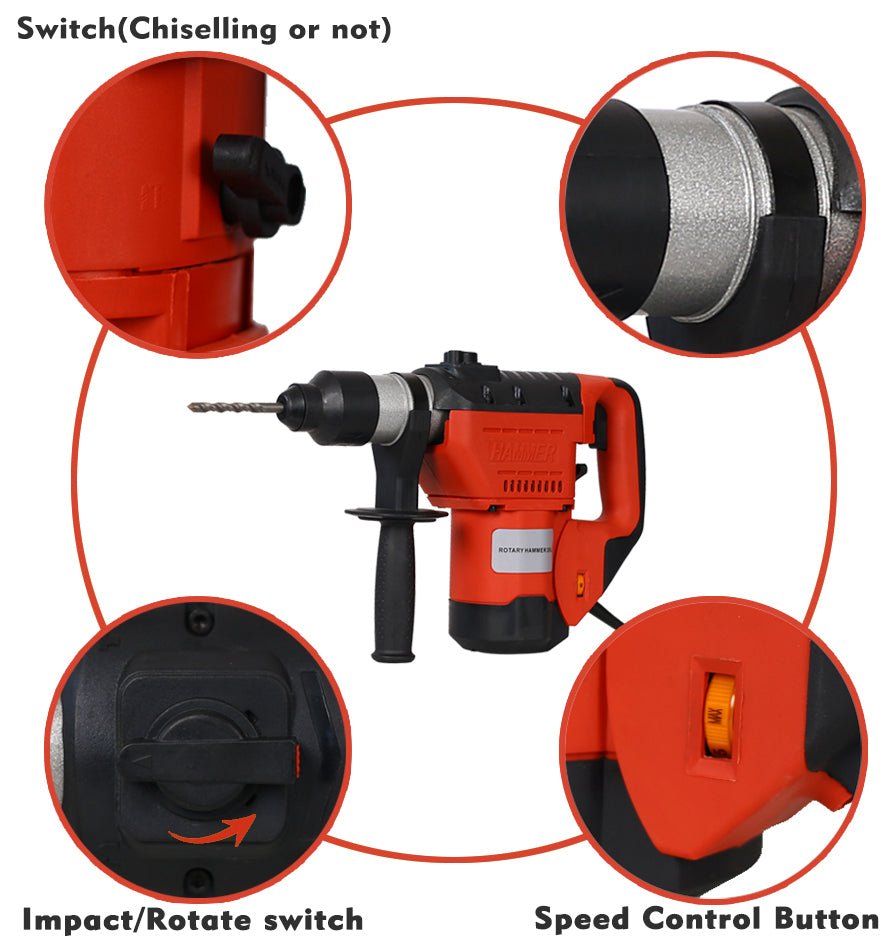 Rotary Hammer 1100W 1 - 1/2" SDS Plus Drill 3 Functions Red Black - Fab Heavy Parts
