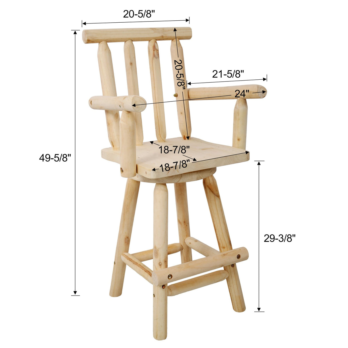 Rustic Bar Stool Fir Wood Construction Chair Backrest Footrest Wide Armrest 4 - Foot - Light Brown - Fab Heavy Parts
