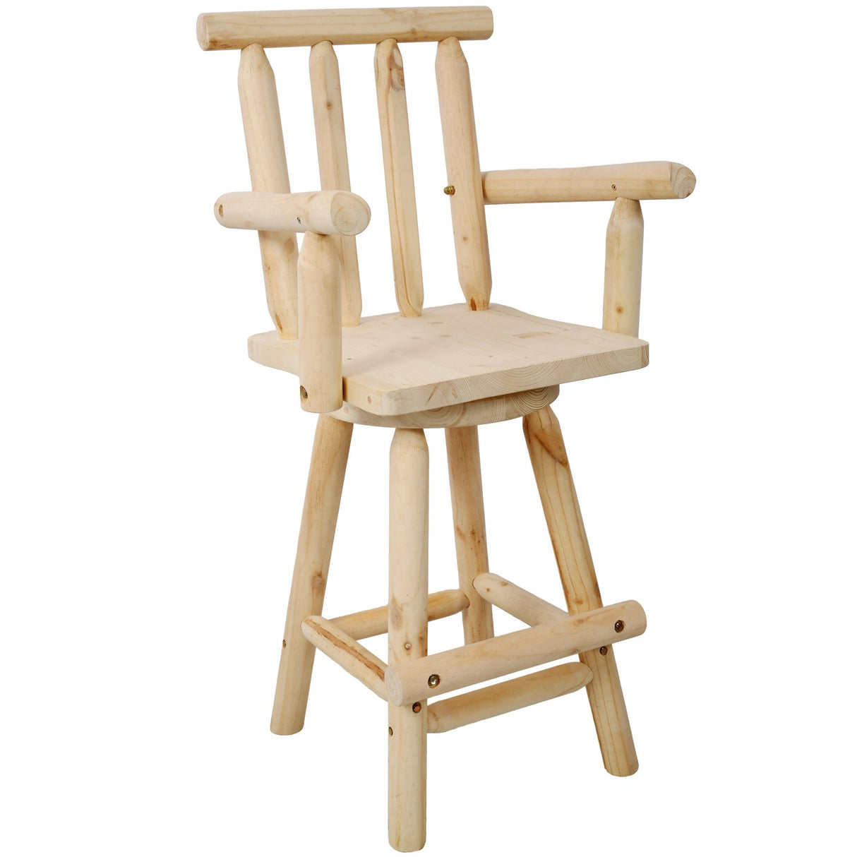Rustic Bar Stool Fir Wood Construction Chair Backrest Footrest Wide Armrest 4 - Foot - Light Brown - Fab Heavy Parts
