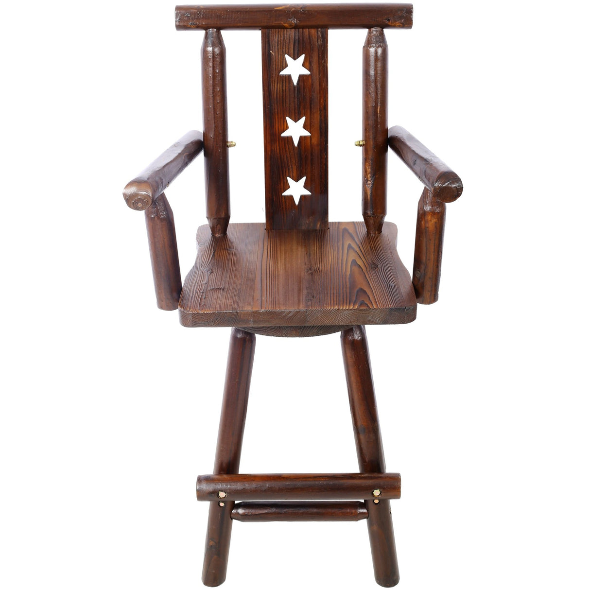 Rustic Bar Stool Fir Wood Construction Chair with Decorative Star Backrest Footrest Wide Armrest Pub 4 - Foot - Brown - Fab Heavy Parts