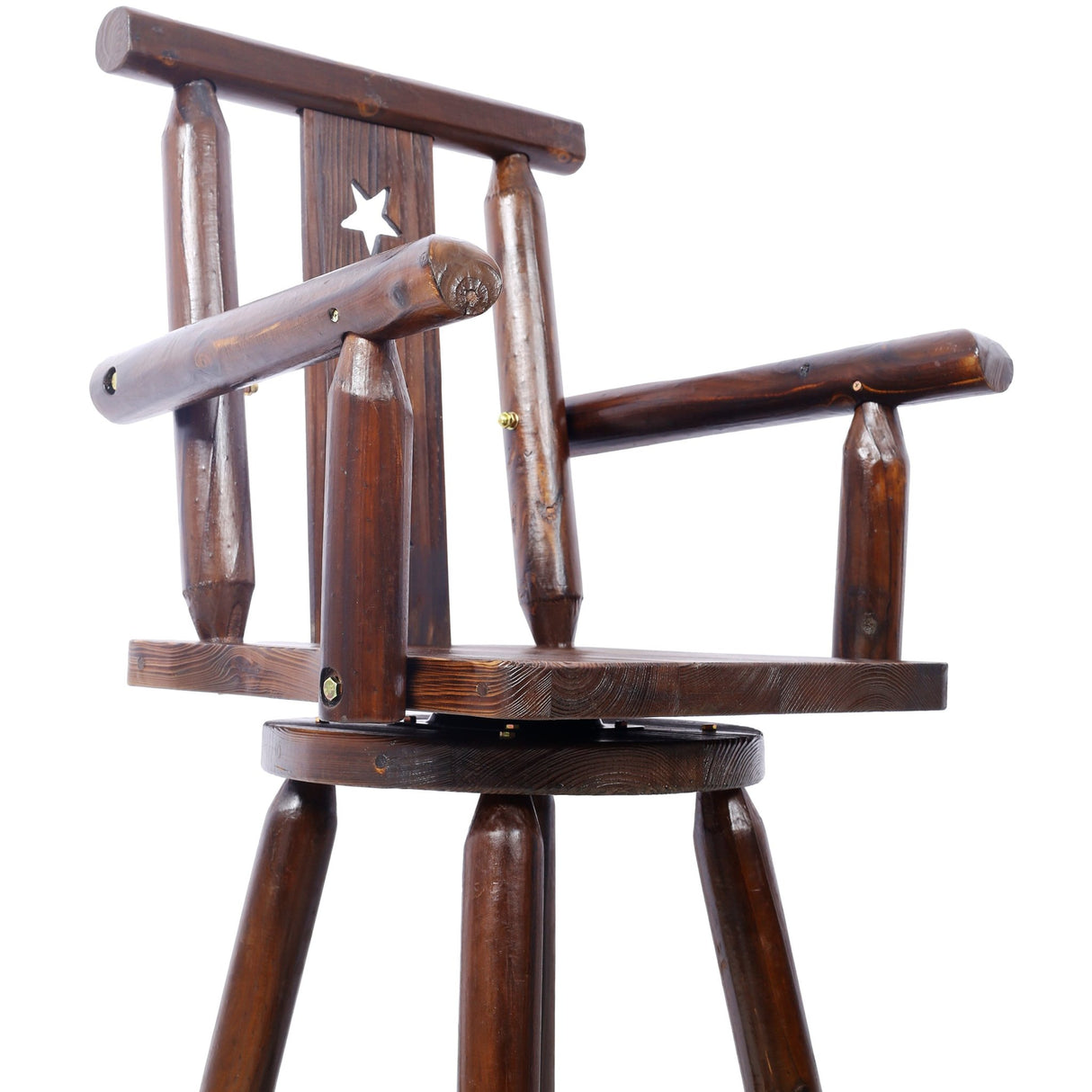 Rustic Bar Stool Fir Wood Construction Chair with Decorative Star Backrest Footrest Wide Armrest Pub 4 - Foot - Brown - Fab Heavy Parts