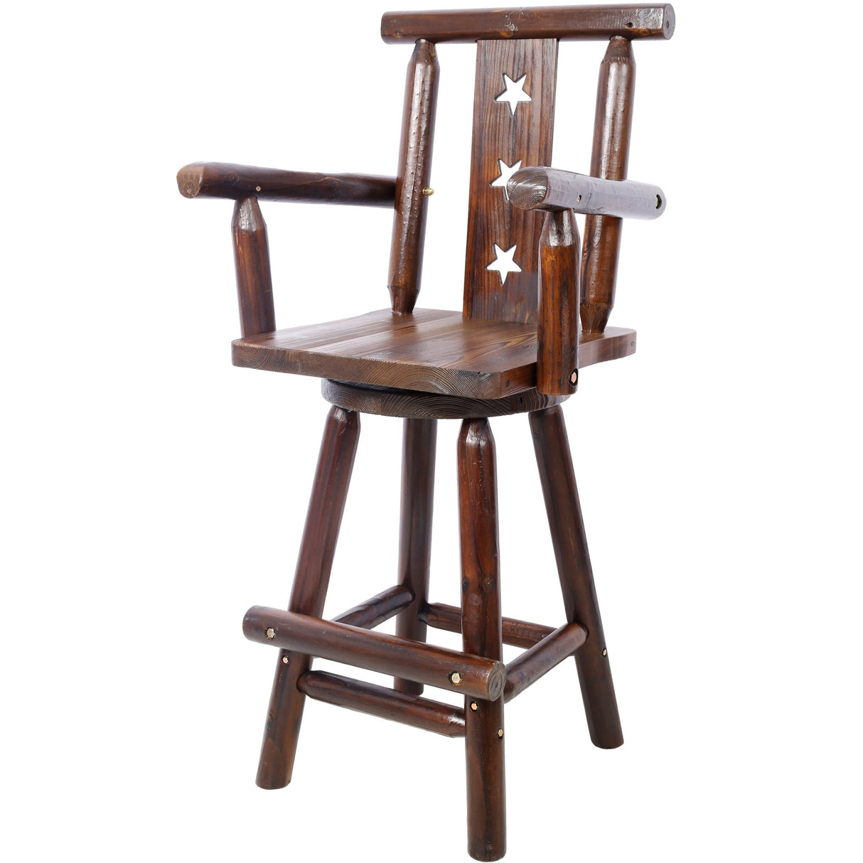 Rustic Bar Stool Fir Wood Construction Chair with Decorative Star Backrest Footrest Wide Armrest Pub 4 - Foot - Brown - Fab Heavy Parts