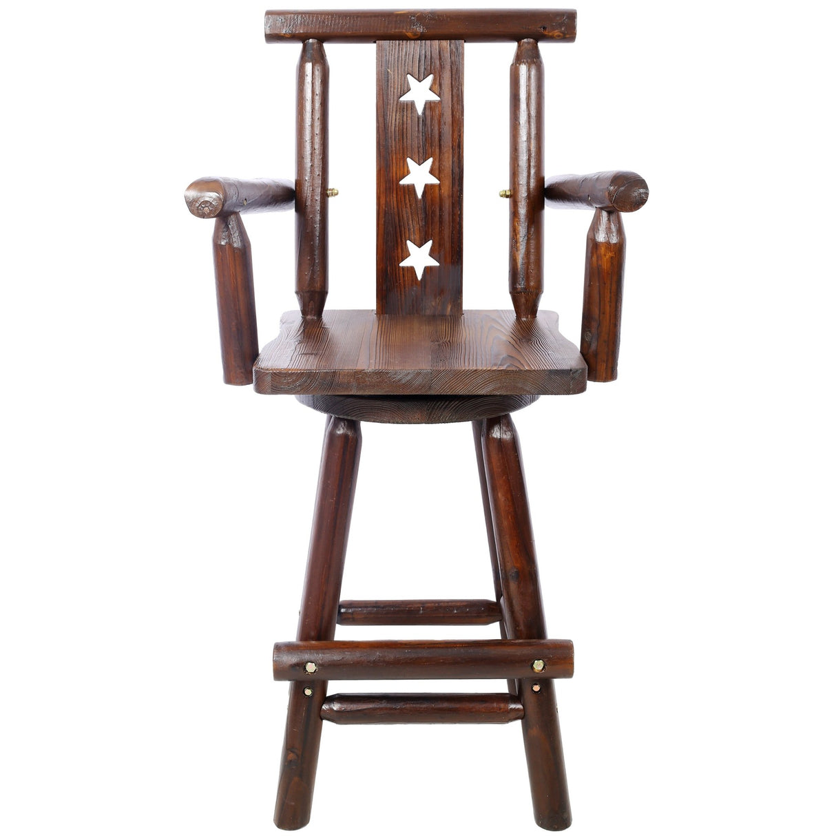 Rustic Bar Stool Fir Wood Construction Chair with Decorative Star Backrest Footrest Wide Armrest Pub 4 - Foot - Brown - Fab Heavy Parts