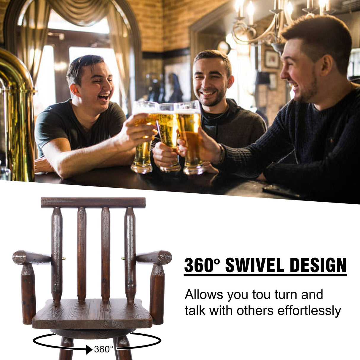 Rustic Bar Stool Fir Wood Construction Chair with Footrest Wide Armrest 4 - Foot - Brown - Fab Heavy Parts