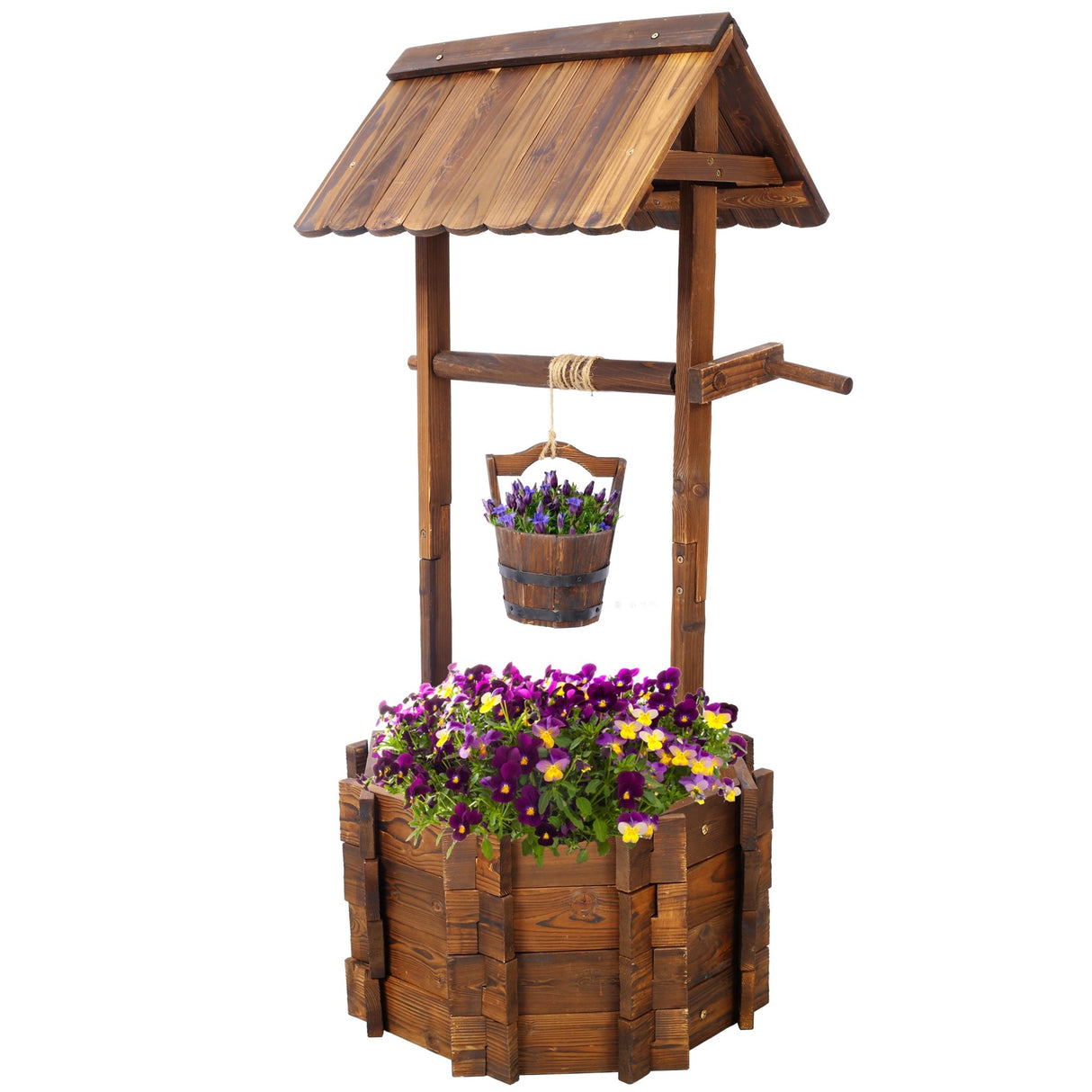 Rustic Wooden Wishing Well Planter w/Hanging Bucket 20in - Fab Heavy Parts