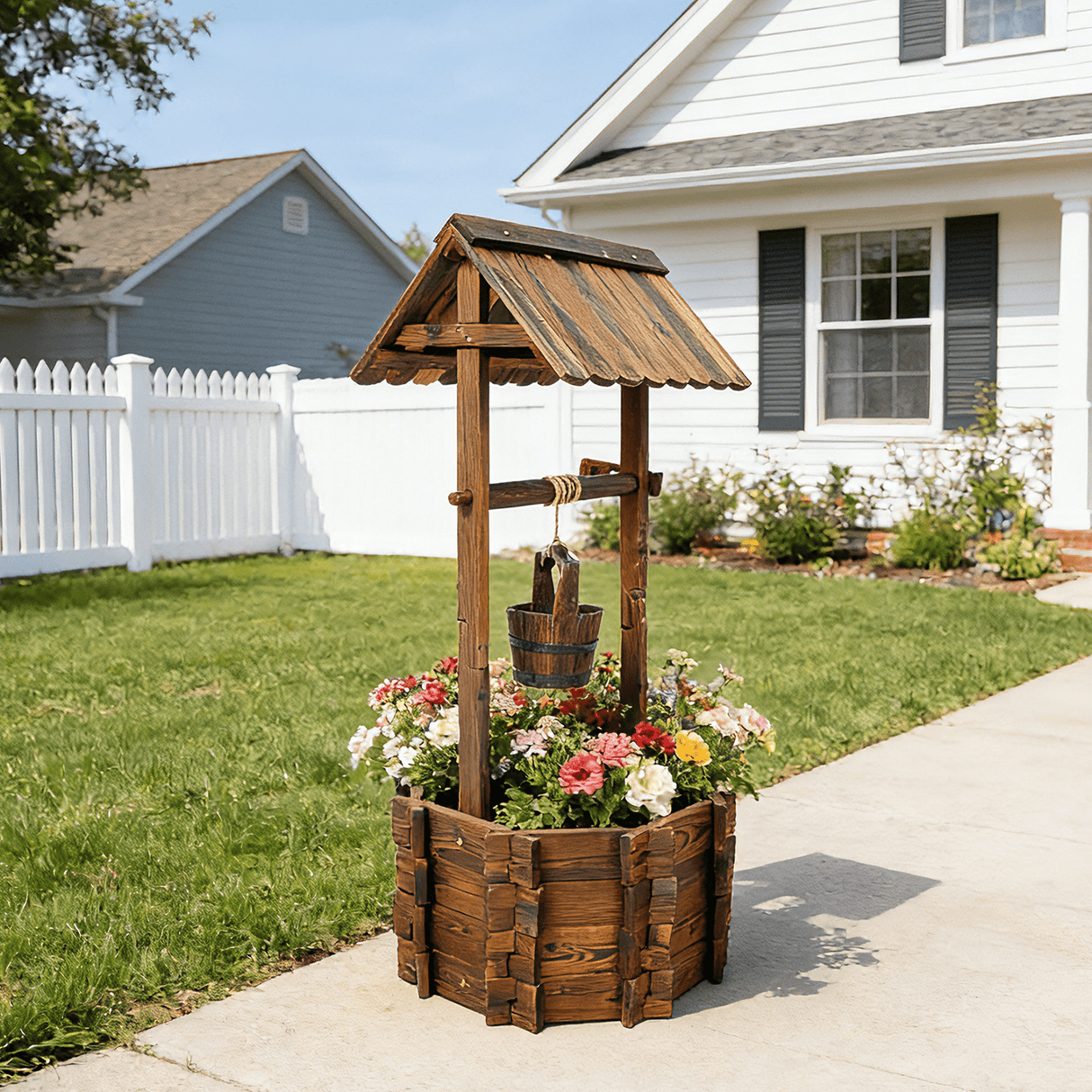 Rustic Wooden Wishing Well Planter w/Hanging Bucket 20in - Fab Heavy Parts