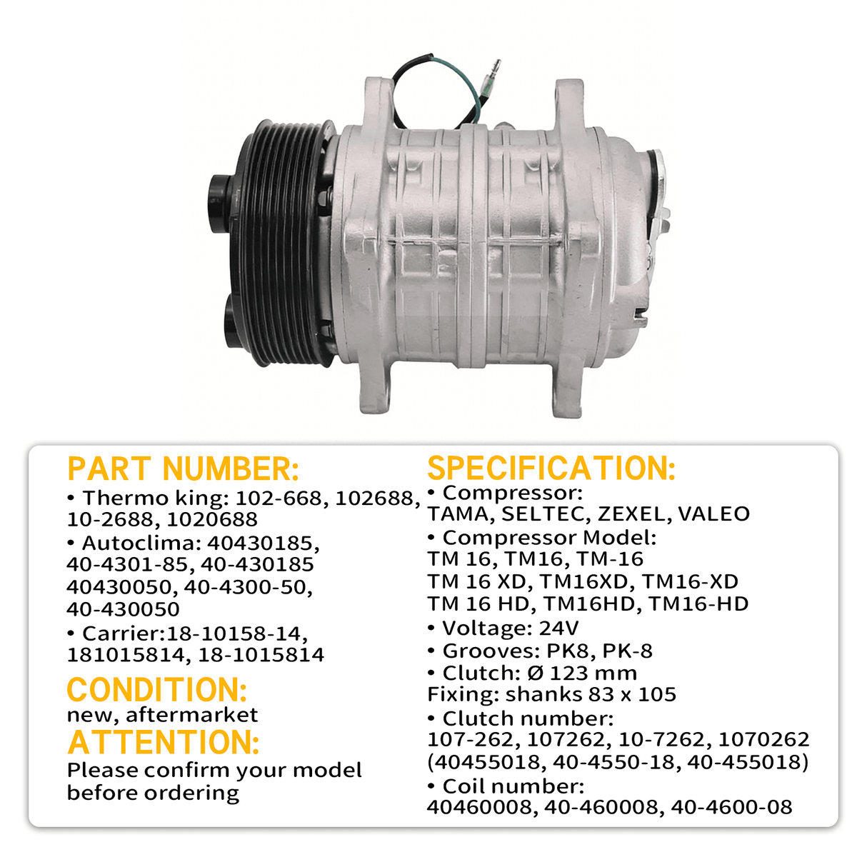 Seltec TM16 A/C Compressor 18 - 10158 - 14 102 - 668 Fits for Carrier Thermo King Transport Refrigeration CBci CD MAX V - 300 V - 600 - Fab Heavy Parts