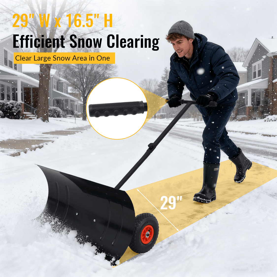 Snow Shovel Pusher with Wheels Cushioned Adjustable Angle Handle Removal Tool 29" Blade 10" Wheels Black - Fab Heavy Parts