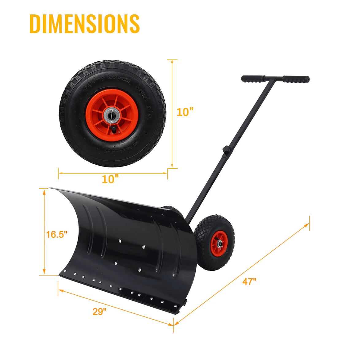Snow Shovel Pusher with Wheels Cushioned Adjustable Angle Handle Removal Tool 29" Blade 10" Wheels Black - Fab Heavy Parts