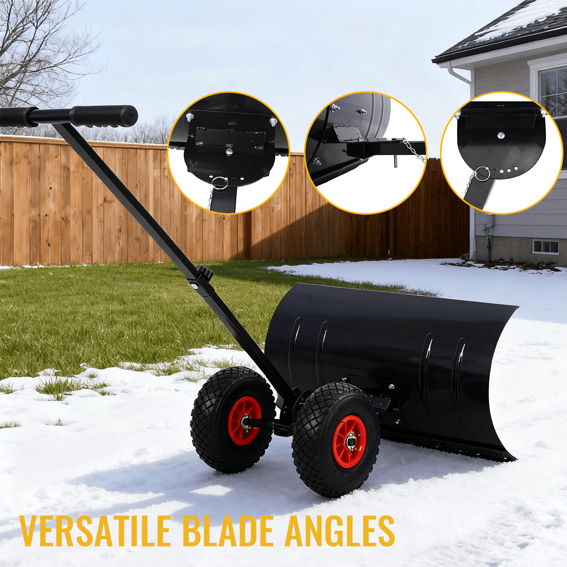 Snow Shovel Pusher with Wheels Cushioned Adjustable Angle Handle Removal Tool 29" Blade 10" Wheels Black - Fab Heavy Parts