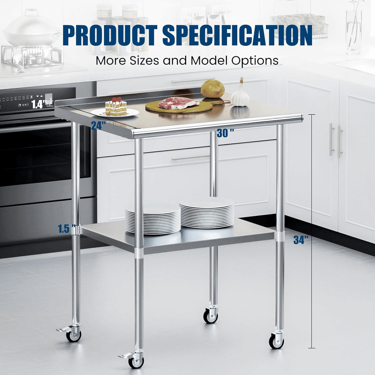 Stainless Steel Table 24 x 30 Inches Metal Work Table with Wheels Backsplash & Adjustable Undershelf - Fab Heavy Parts