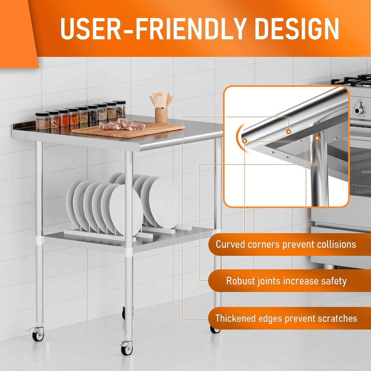 Stainless Steel Table 30 x 30 Inches Metal Work Table with Wheels Backsplash & Adjustable Undershelf - Fab Heavy Parts