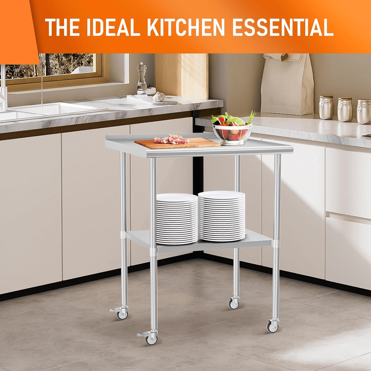 Stainless Steel Table 30 x 30 Inches Metal Work Table with Wheels Backsplash & Adjustable Undershelf - Fab Heavy Parts