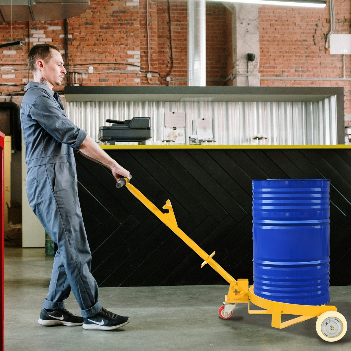 Steel Drum Dolly 55 Gallon Capacity Oil Barrel Mover with PU Wheels - Low Profile Yellow Caddy - Fab Heavy Parts