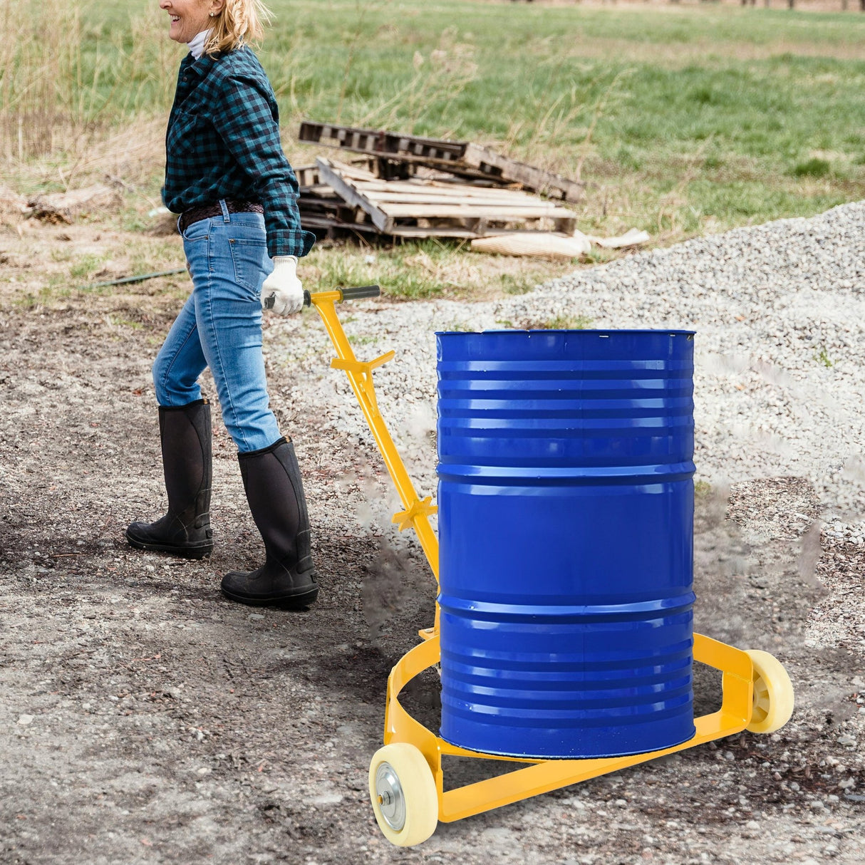 Steel Drum Dolly 55 Gallon Capacity Oil Barrel Mover with PU Wheels - Low Profile Yellow Caddy - Fab Heavy Parts