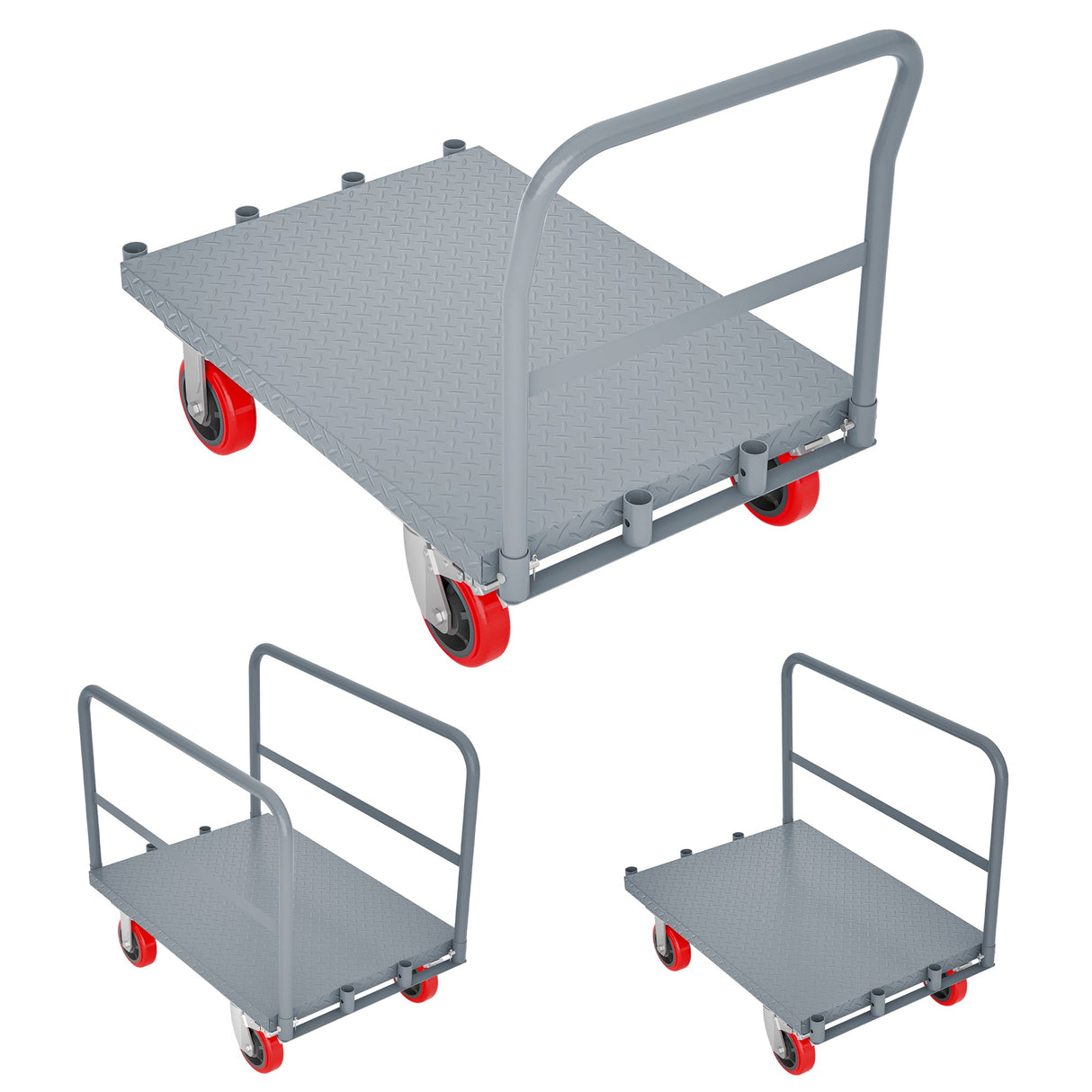 Steel Panel Truck Heavy Duty Drywall Lumber Cart Platform Flat 2000lbs 6" Swivel Brake Casters with 1 Front and 2 Side Handrails 36''x24'' - Grey - Fab Heavy Parts