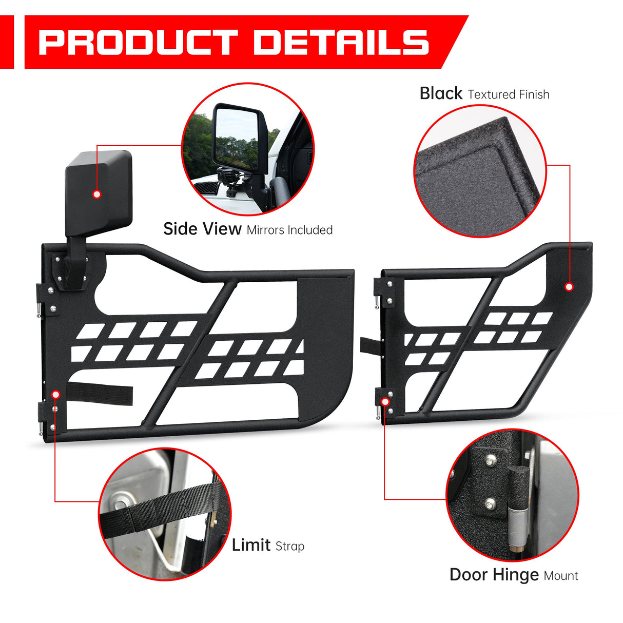 Steel Tubular Doors with Side View Mirror for 2007 - 2018 Jeep Wrangler JK JKU 4 Door - Fab Heavy Parts