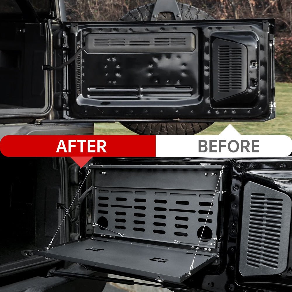 Tailgate Table Molle Panel for Ford Bronco 2021 - 2024 2 - Tier Foldable Rear Storage Cargo Rack Shelf Camping Desk - Fab Heavy Parts