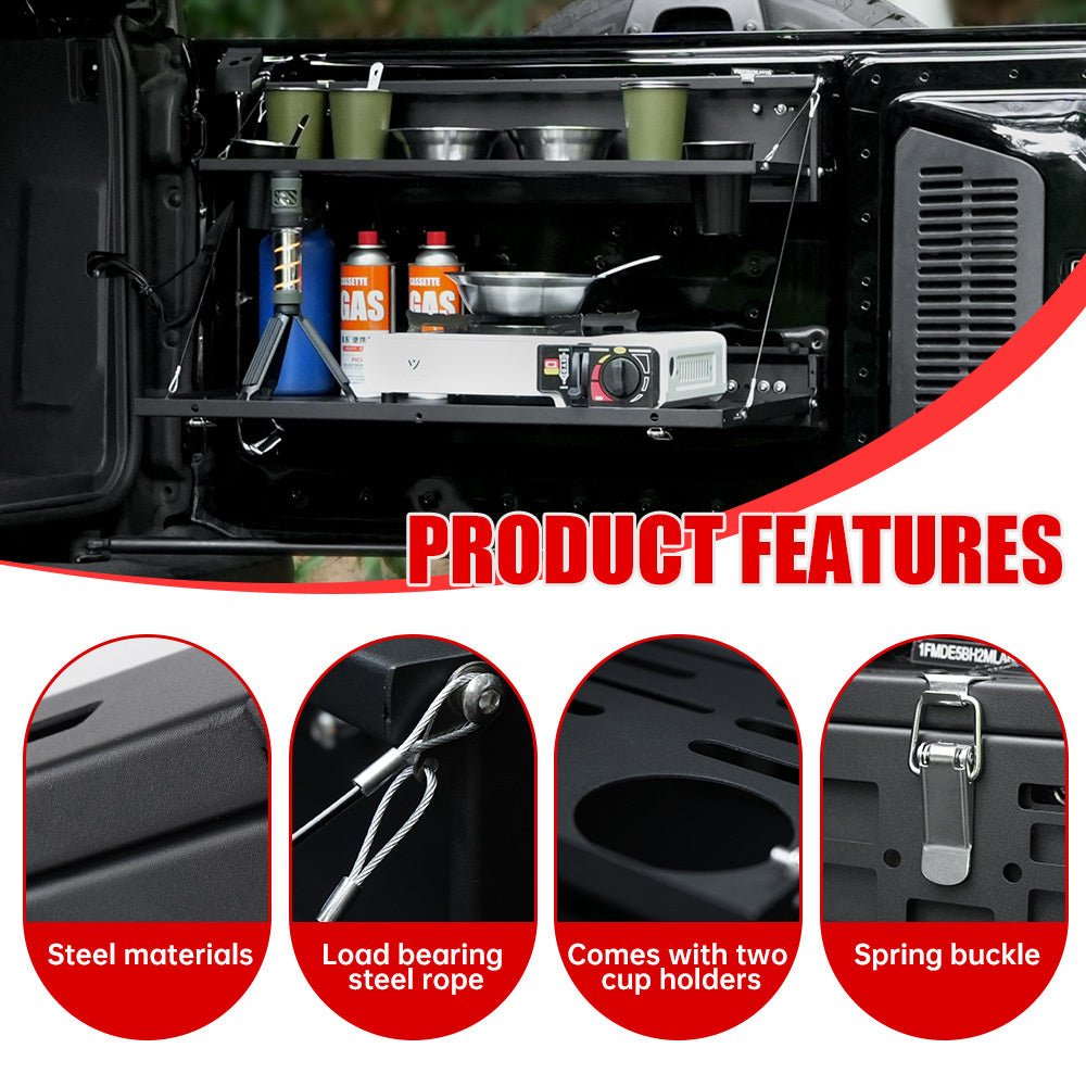 Tailgate Table Molle Panel for Ford Bronco 2021 - 2024 2 - Tier Foldable Rear Storage Cargo Rack Shelf Camping Desk - Fab Heavy Parts