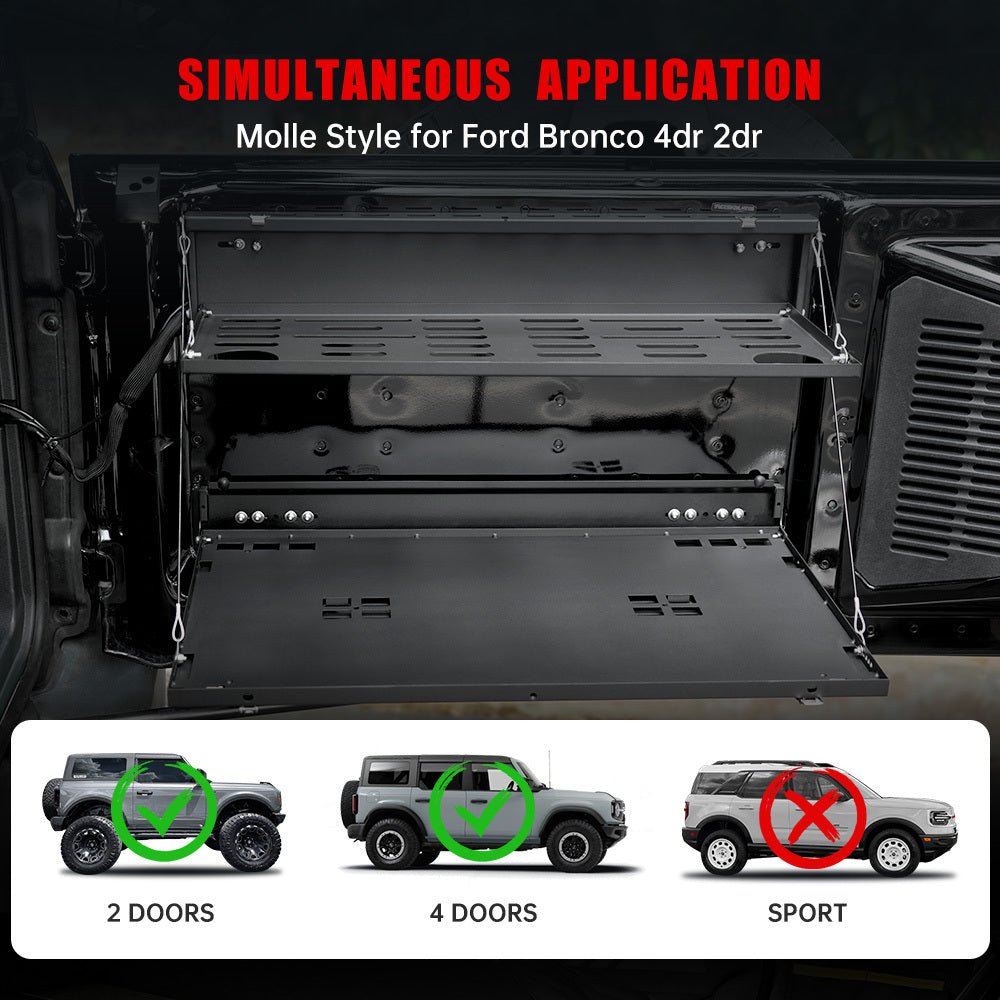Tailgate Table Molle Panel for Ford Bronco 2021 - 2024 2 - Tier Foldable Rear Storage Cargo Rack Shelf Camping Desk - Fab Heavy Parts