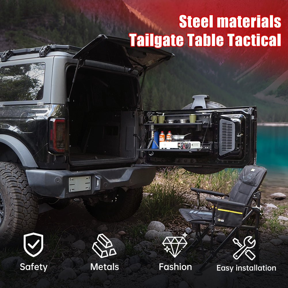 Tailgate Table Molle Panel for Ford Bronco 2021 - 2024 2 - Tier Foldable Rear Storage Cargo Rack Shelf Camping Desk - Fab Heavy Parts