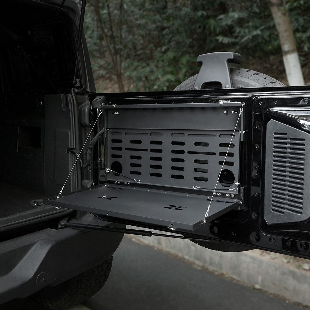 Tailgate Table Molle Panel for Ford Bronco 2021 - 2024 2 - Tier Foldable Rear Storage Cargo Rack Shelf Camping Desk - Fab Heavy Parts