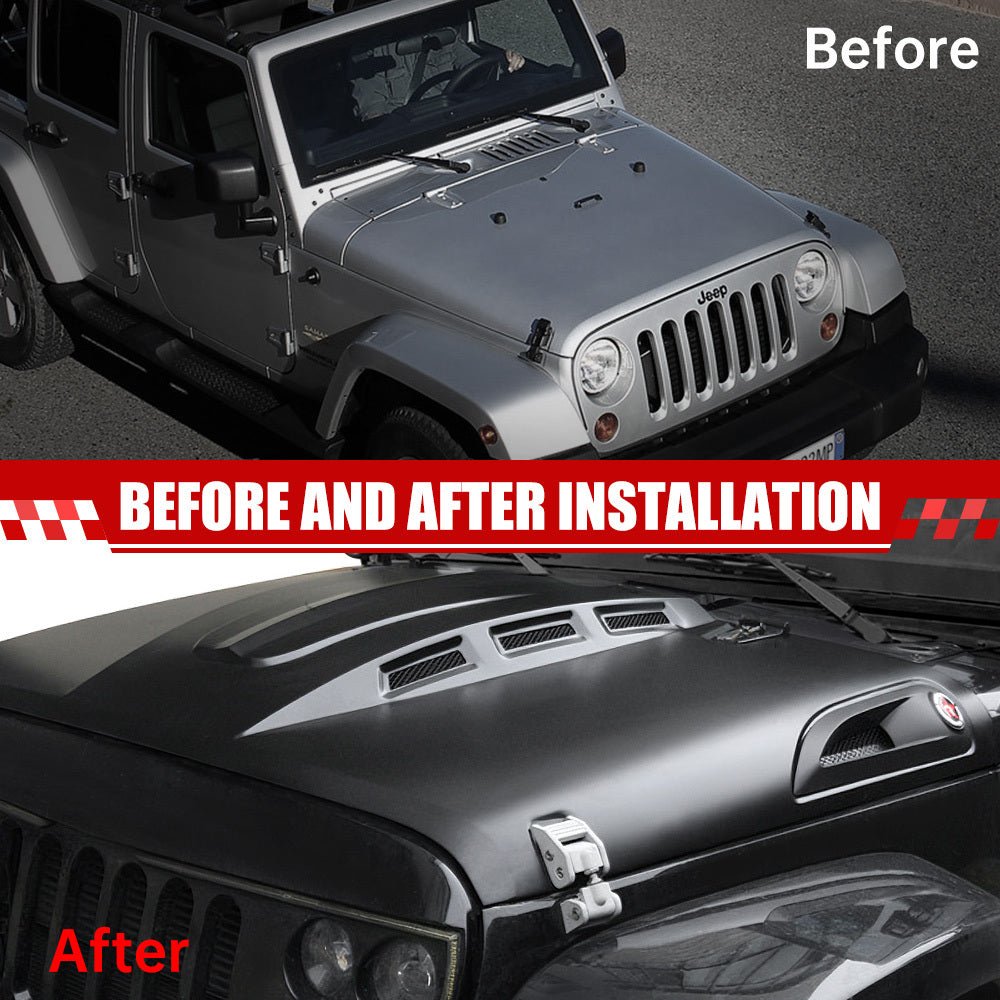 The Avenger Style Replacement Hood Fits for 2007 - 2018 Jeep Wrangler JK JKU Unlimited Rubicon Black - Fab Heavy Parts