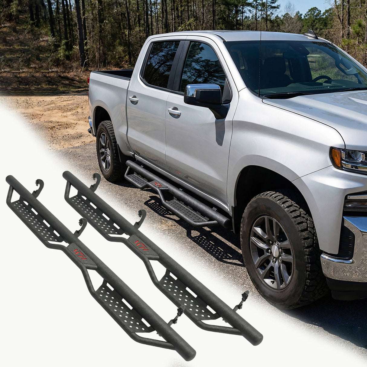 Two Stairs Running Board Compatible with 2007 - 2018 Chevy Silverado GMC Sierra 1500, 2007 - 2019 2500 HD 3500HD, 2019 Limited Crew Cab Drop Step Side Step Nerf Bars - Fab Heavy Parts