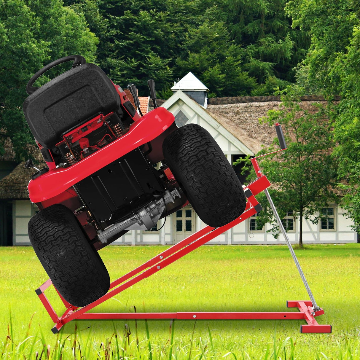 Universal Easy Lawn Mower Lift for Riding Tractors 800 Lbs Capacity 45° Tilt Adjustable - Red - Fab Heavy Parts