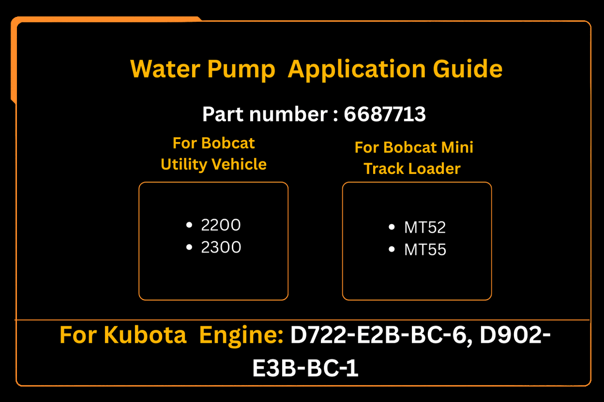 Water Pump 6687713 Aftermarket Replacement For Bobcat 2200 2300 MT52 MT55 Kubota Engine D722 D902 - Fab Heavy Parts