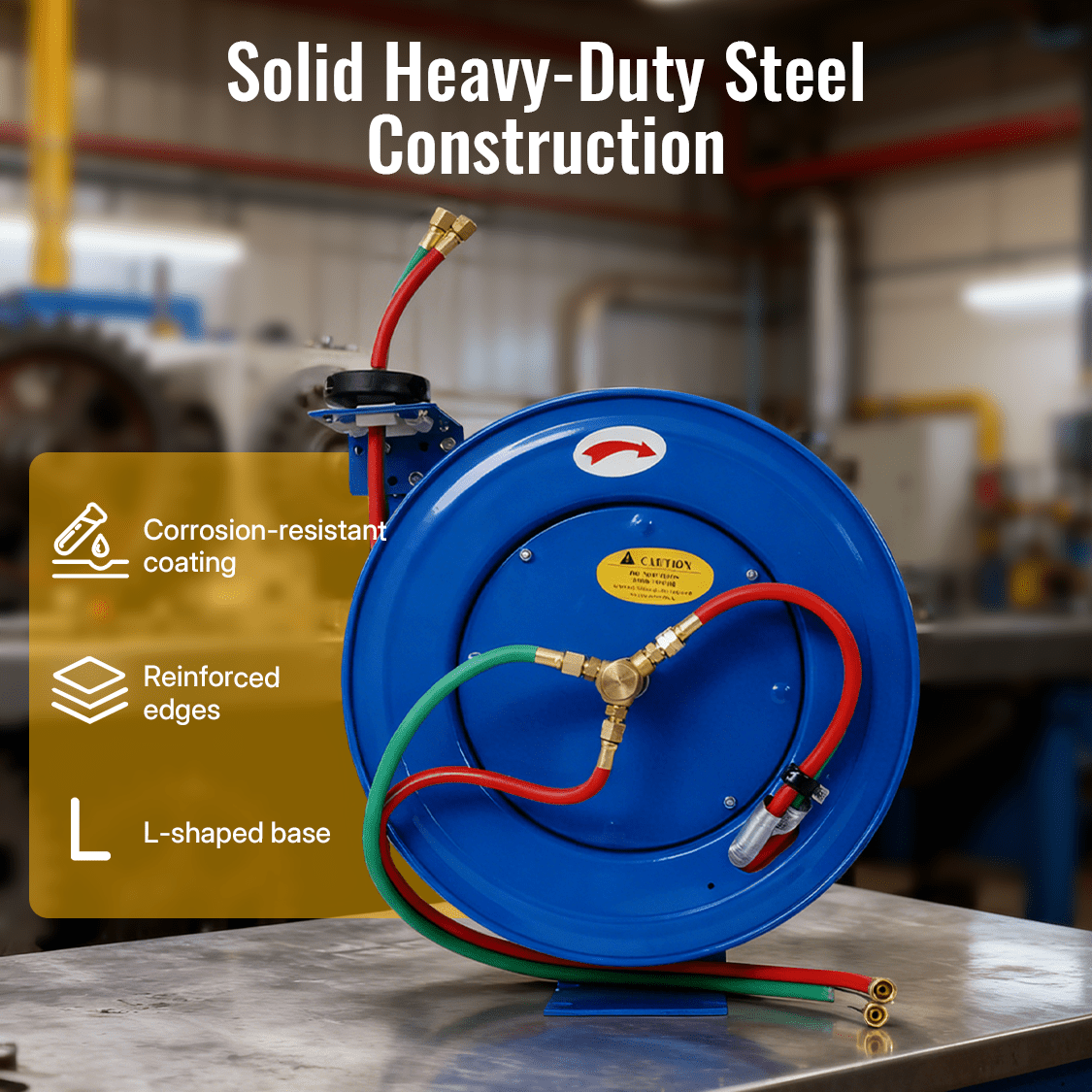 Welding Hose Reel Retractable 1/4 Inch x 50 Foot Twin Oxygen Acetylene Rubber STD Max 200PSI Heavy Duty Single Arm Construction - Fab Heavy Parts