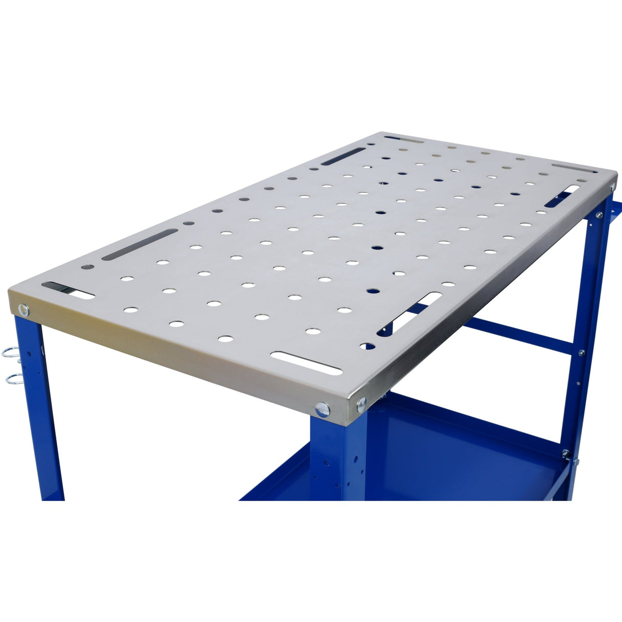 Welding Workbench on Wheels 36"x18" 1200lbs Capacity Steel Portable with Braking Lockable Casters Tool Slots 5/8 - inch Fixture Holes Tray Blue - Fab Heavy Parts