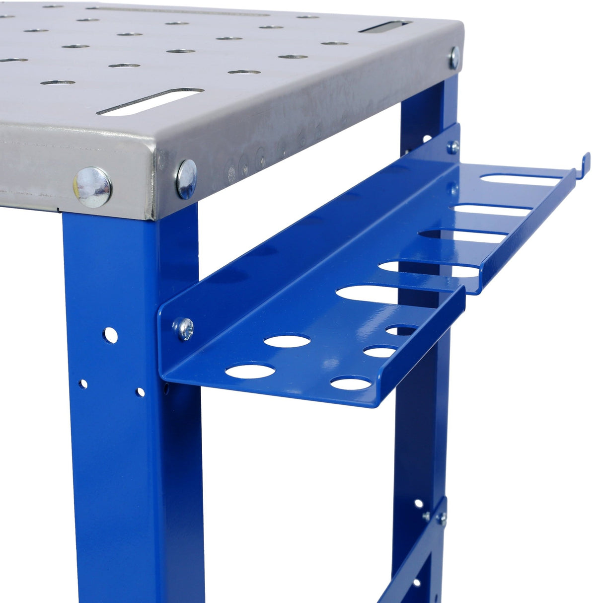 Welding Workbench on Wheels 36"x18" 1200lbs Capacity Steel Portable with Braking Lockable Casters Tool Slots 5/8 - inch Fixture Holes Tray Blue - Fab Heavy Parts