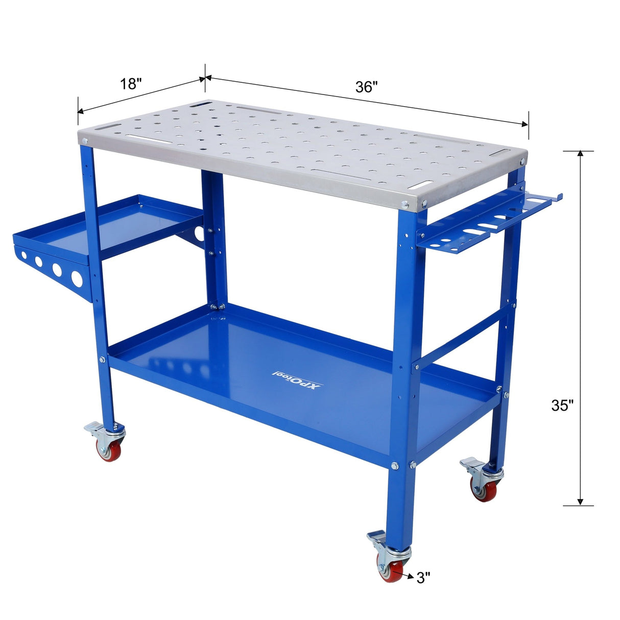 Welding Workbench on Wheels 36"x18" 1200lbs Capacity Steel Portable with Braking Lockable Casters Tool Slots 5/8 - inch Fixture Holes Tray Blue - Fab Heavy Parts