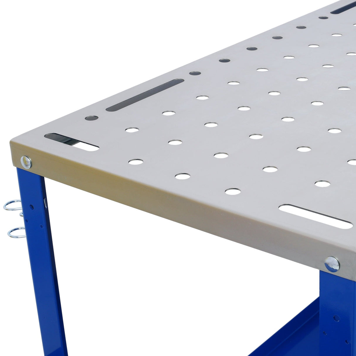Welding Workbench on Wheels 36"x18" 1200lbs Capacity Steel Portable with Braking Lockable Casters Tool Slots 5/8 - inch Fixture Holes Tray Blue - Fab Heavy Parts