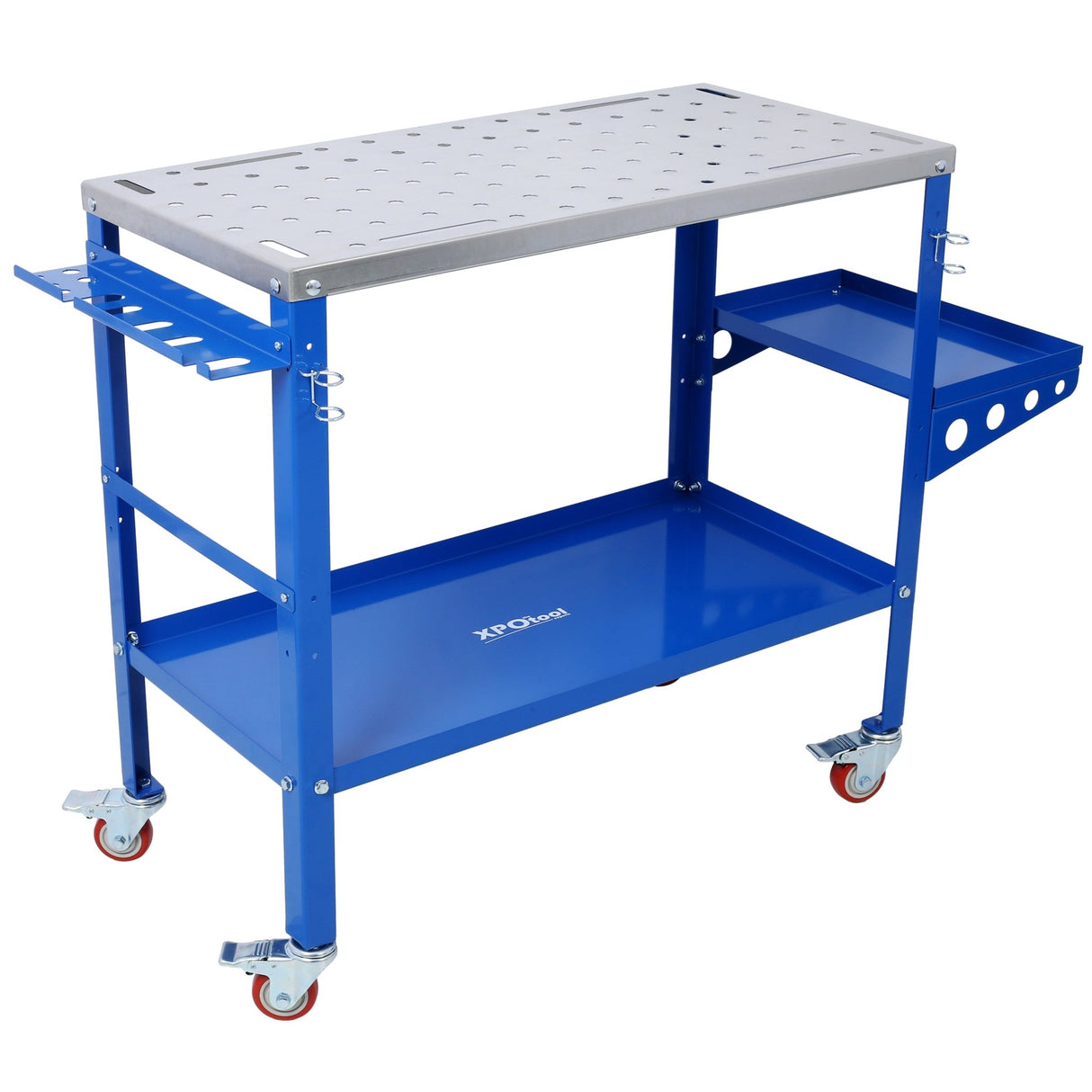 Welding Workbench on Wheels 36"x18" 1200lbs Capacity Steel Portable with Braking Lockable Casters Tool Slots 5/8 - inch Fixture Holes Tray Blue - Fab Heavy Parts
