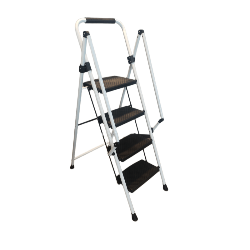 White 4 - Step Ladder Light Folding Wide Anti - skid Pedal and Safety Handle Strong Steel - Fab Heavy Parts