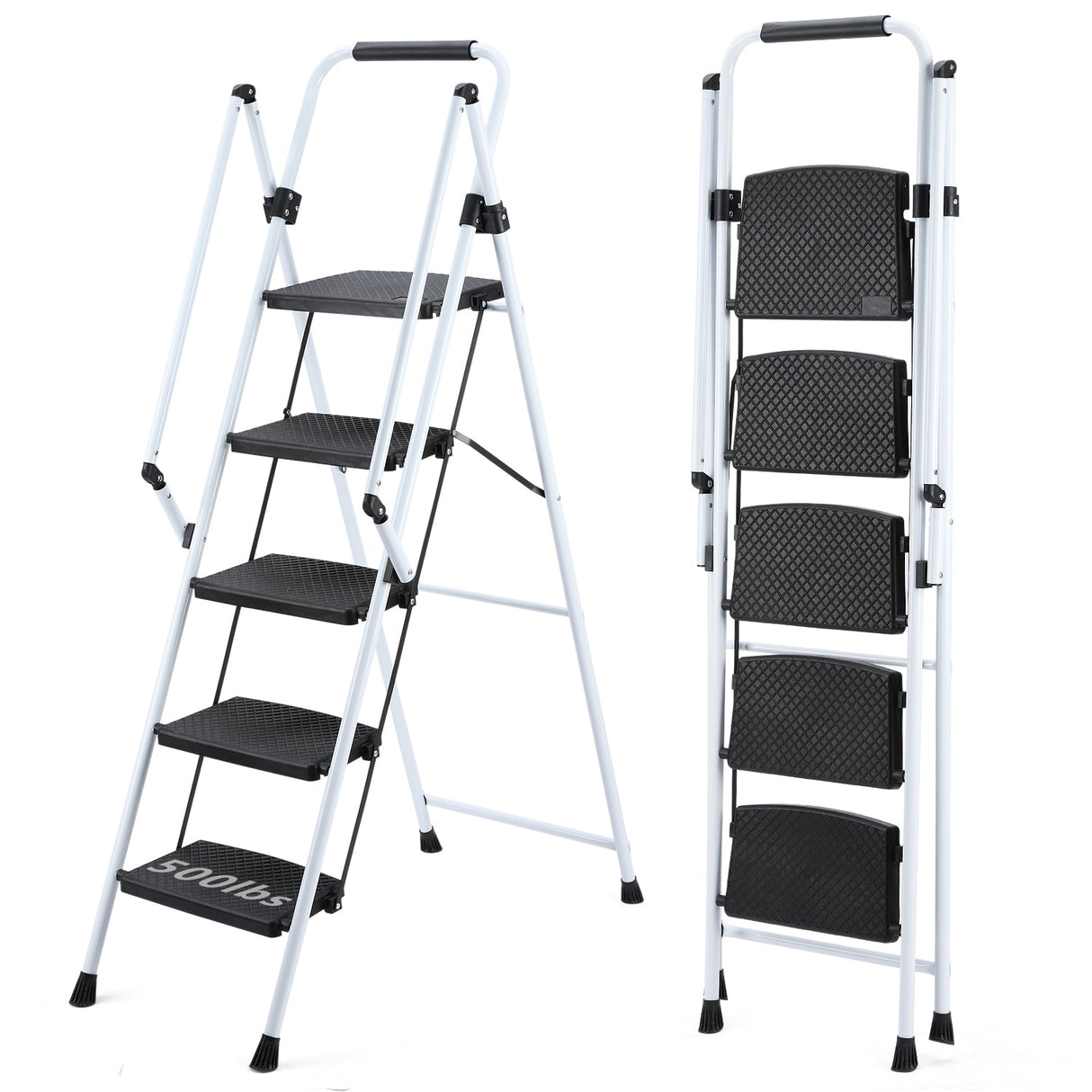 White 5 - Step Ladder Folding Wide Anti - skid Pedal and Safety Handle Strong Steel - Fab Heavy Parts